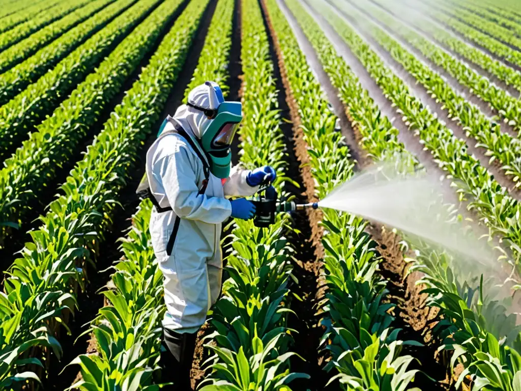 Trabajador aplicando pesticidas en campo agrícola, protección y regulaciones pesticidas protección salud ambiente