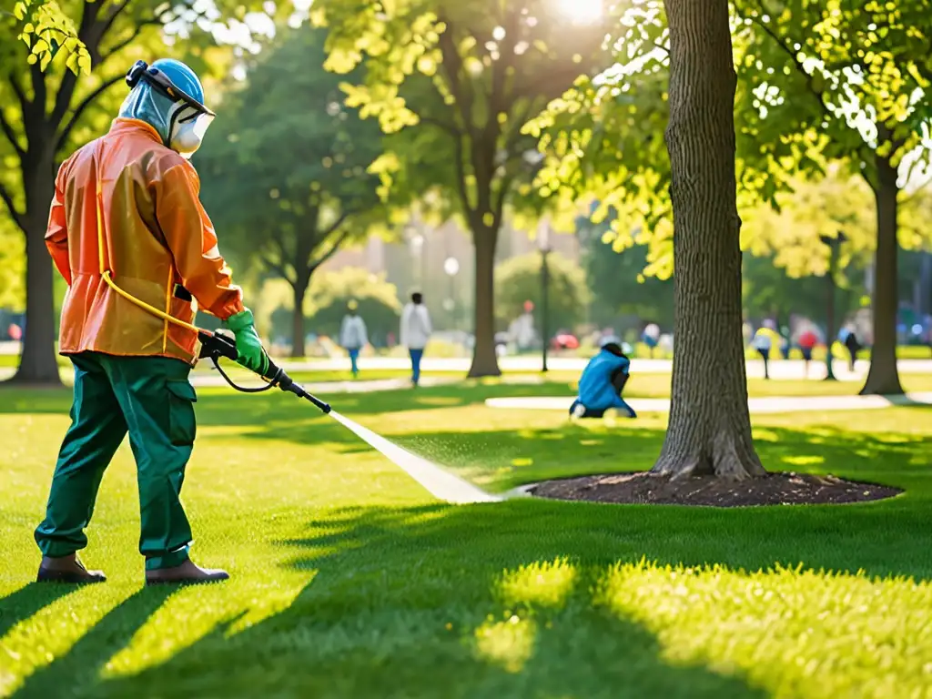 Un trabajador aplica pesticidas en un parque urbano, mientras los visitantes disfrutan