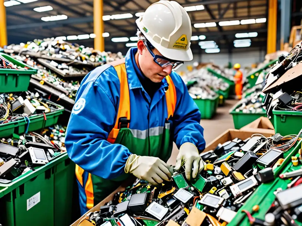 Un trabajador en una planta de reciclaje separa con determinación componentes de residuos electrónicos, resaltando la importancia de las regulaciones economía circular residuos peligrosos