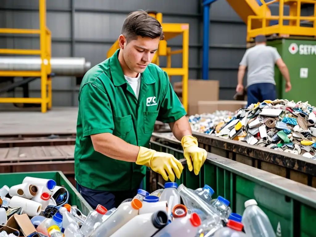 Un trabajador de planta de reciclaje realiza la interpretación legal de materiales reciclables, destacando su compromiso y profesionalismo