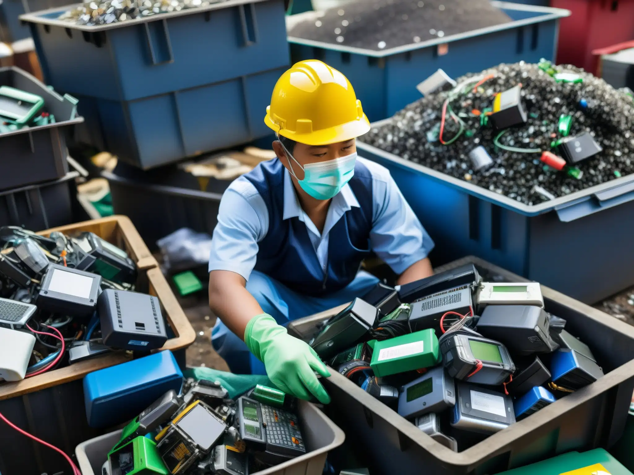 Trabajador en planta de reciclaje de residuos electrónicos en Asia, gestión legal y laboriosa