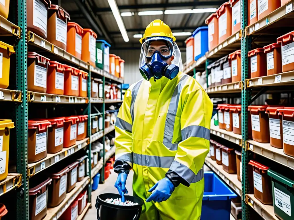 Un trabajador clasifica residuos peligrosos normativas con precisión en una instalación industrial iluminada