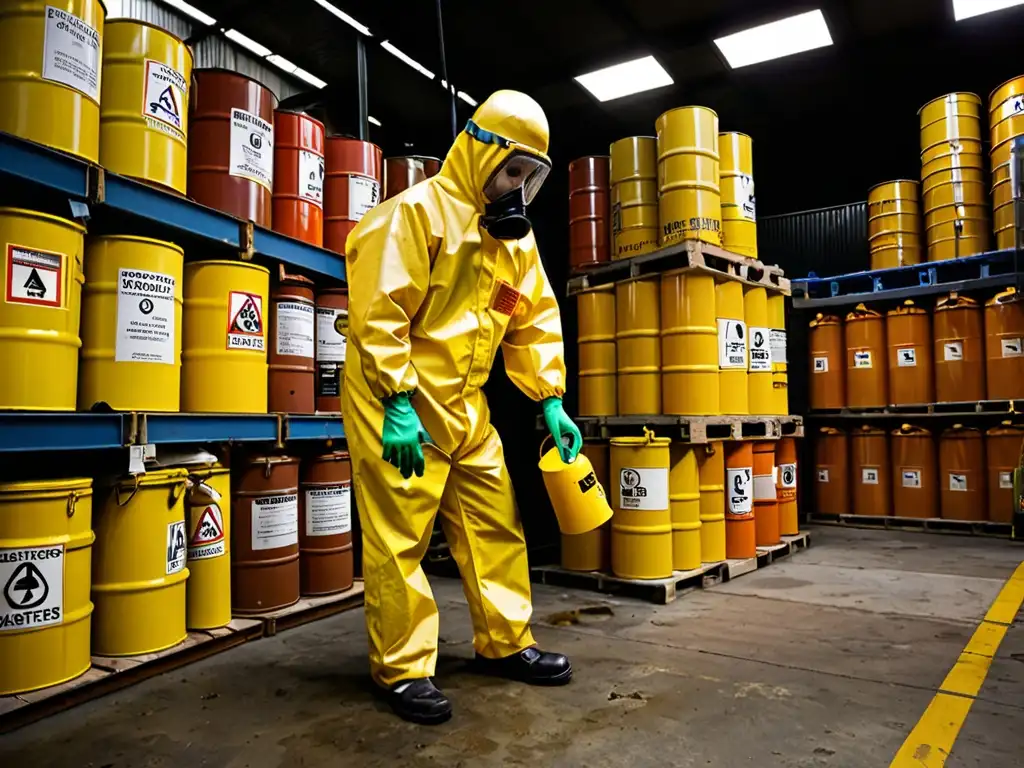 Un trabajador en traje de protección manejando un barril de residuos peligrosos en un ambiente industrial sombrío