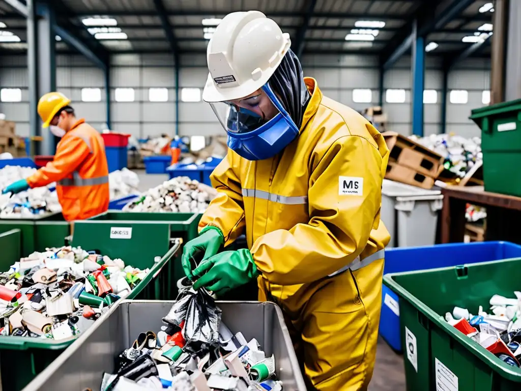 Un trabajador en traje protector clasifica residuos en diferentes contenedores en una planta industrial