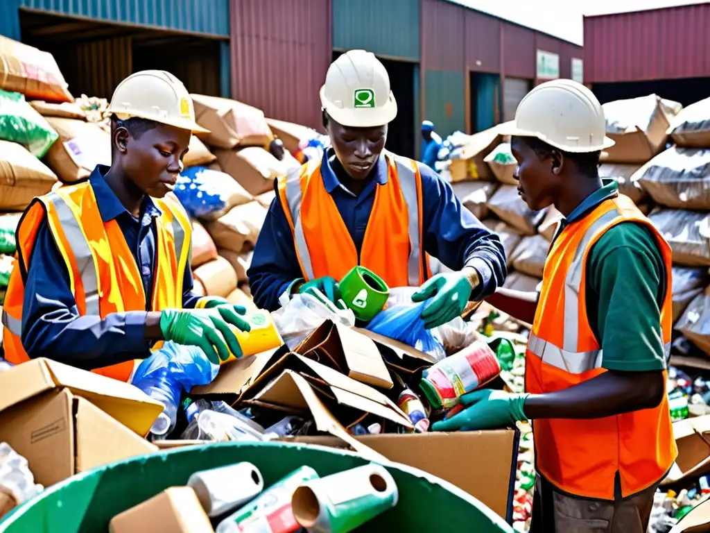 Trabajadores africanos clasificando materiales reciclables en un centro de reciclaje, reflejando normativas innovadoras gestión residuos África