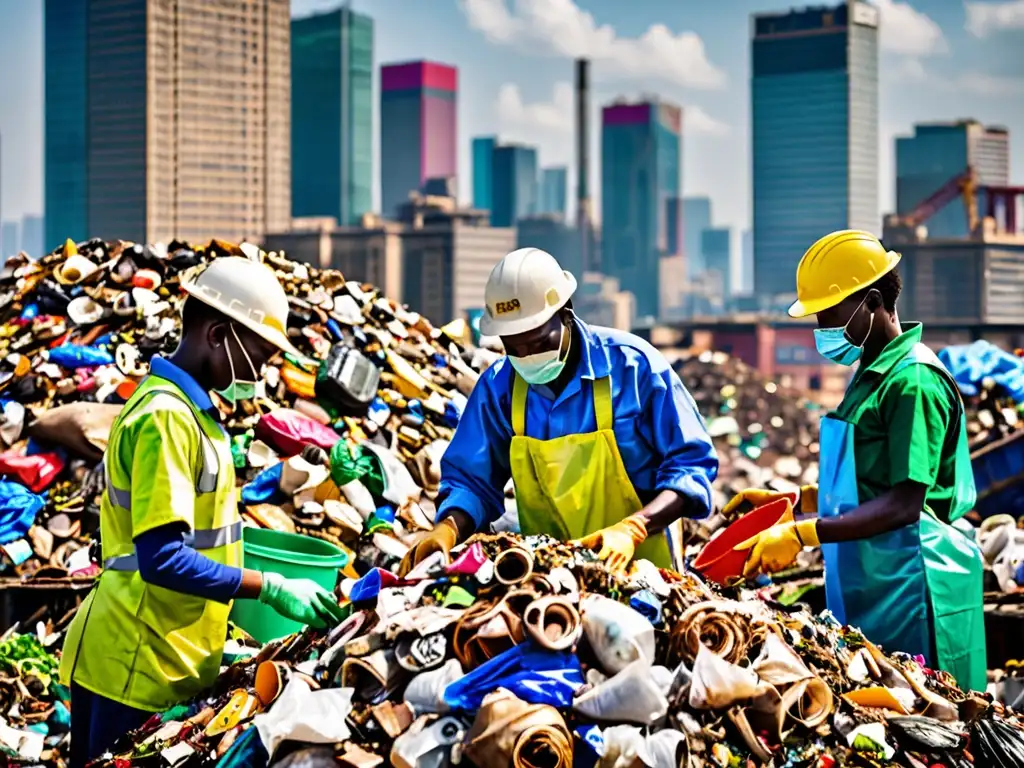 Trabajadores africanos gestionando residuos en vertedero urbano, mostrando normativas innovadoras gestión residuos África