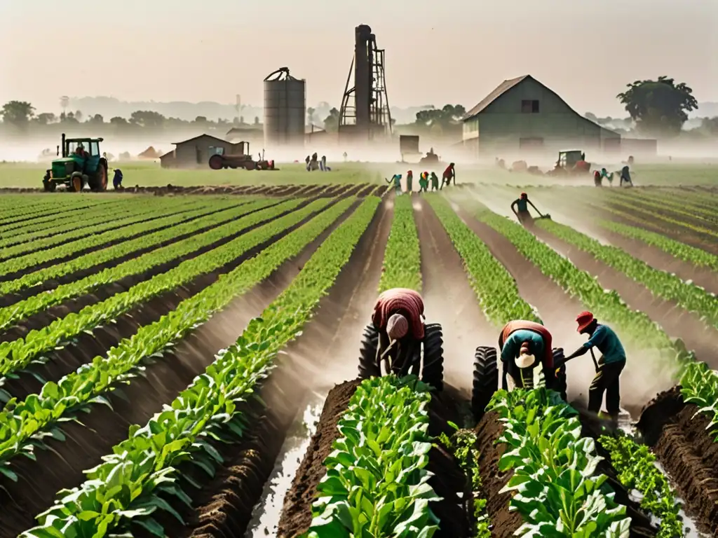 Trabajadores agrícolas laborando en campos agroindustriales, rociados por pesticidas, mostrando el impacto agroindustria derechos humanos