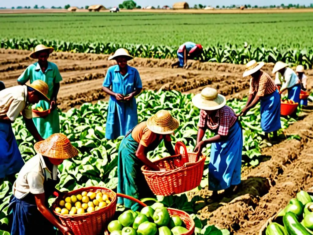 Trabajadores agrícolas laborando bajo el sol, mostrando el impacto agroindustrial en derechos humanos