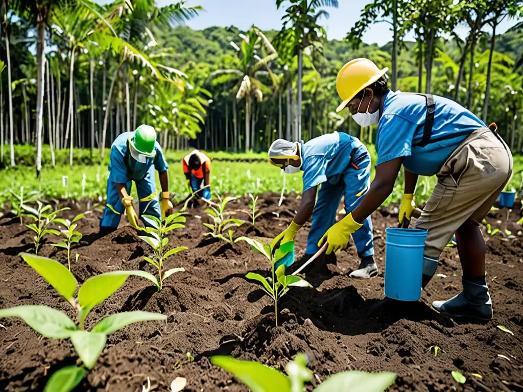 Trabajadores plantan árboles en paisaje verde tras desastre