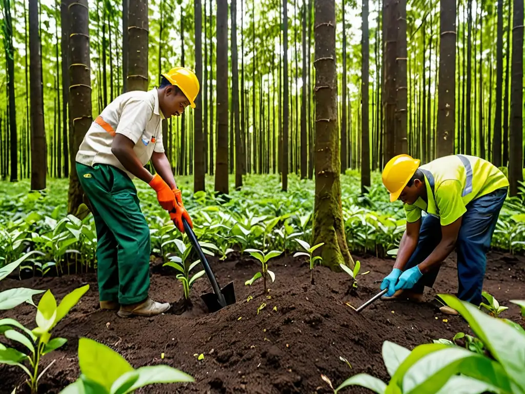 Trabajadores plantando árboles en un proyecto de compensación de carbono en un exuberante bosque