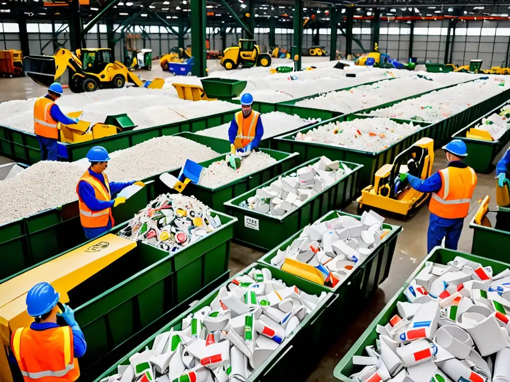 Trabajadores en un centro de reciclaje, separando materiales en diferentes contenedores