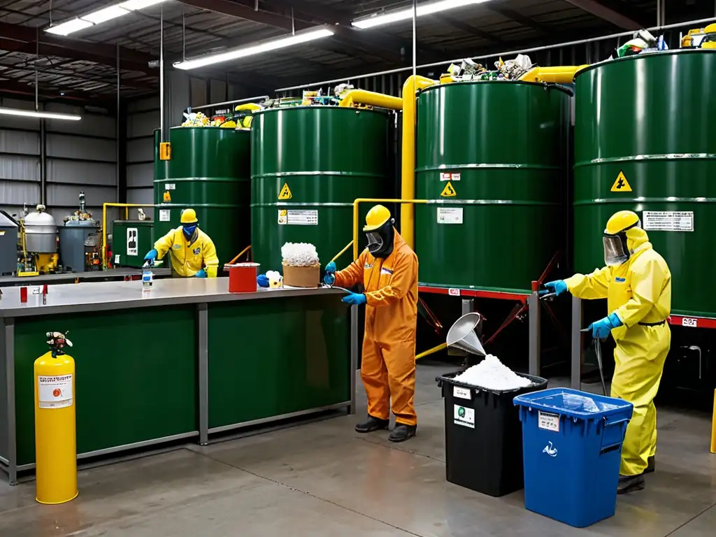 Trabajadores con certificaciones ambientales manejan residuos peligrosos en instalación industrial especializada