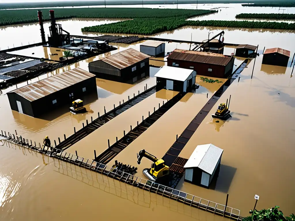 Trabajadores evaluando daños por inundación en planta industrial