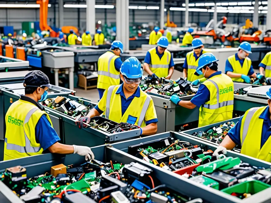 Trabajadores reciclando desechos electrónicos en planta industrial