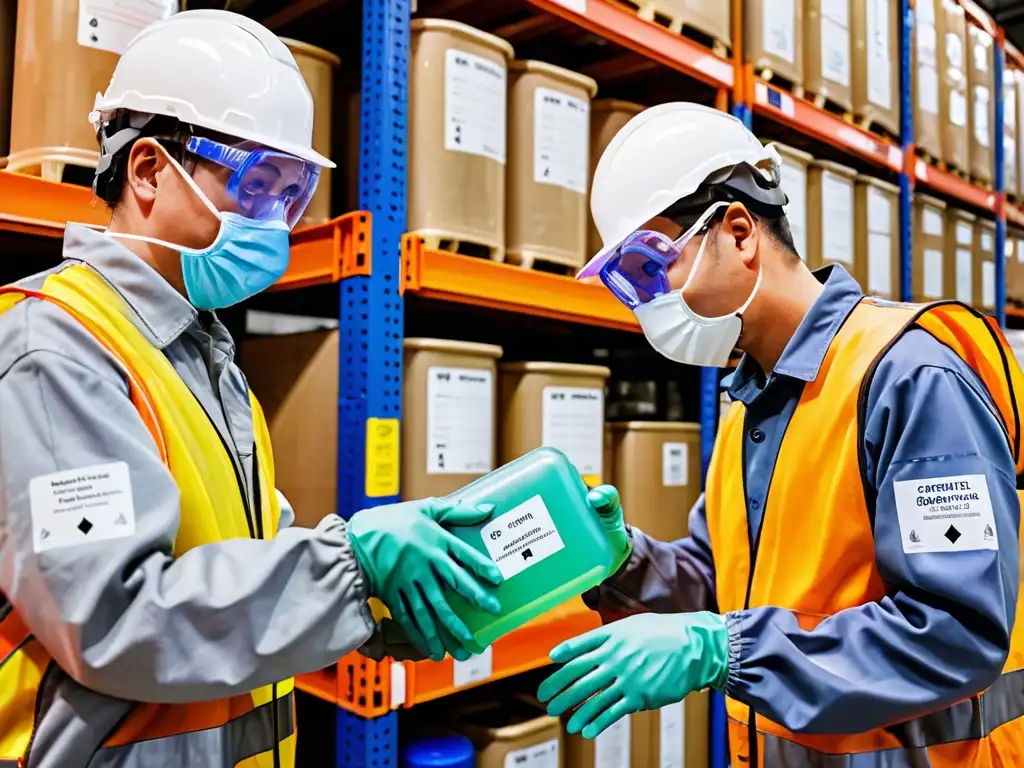 Trabajadores con equipo de protección inspeccionan contenedores químicos en un almacén