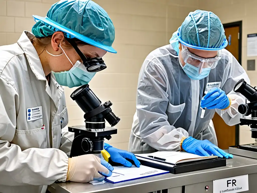 Trabajadores en equipo examinan muestras de agua bajo microscopios en una planta de tratamiento