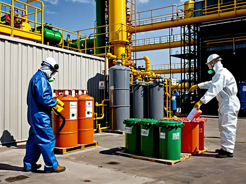 Trabajadores con equipo de protección en planta química manejan residuos peligrosos