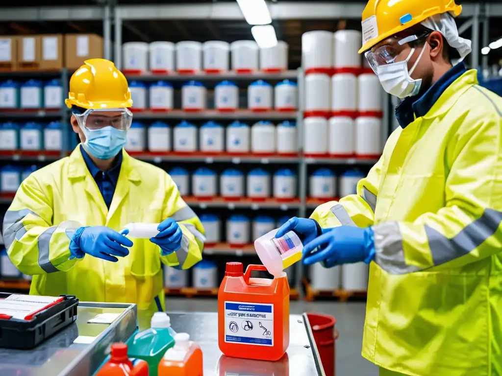 Trabajadores con equipo de protección manejando cuidadosamente productos químicos en instalación moderna