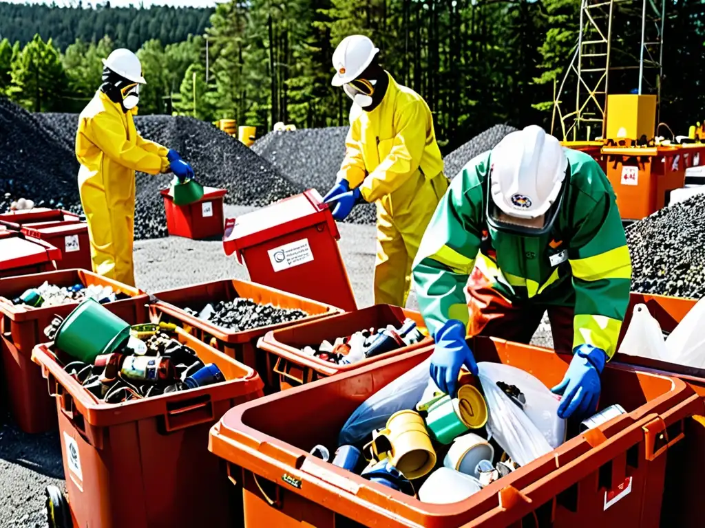 Trabajadores con equipo protector gestionan residuos peligrosos en un sitio de disposición, rodeado de señales de advertencia y equipo especializado