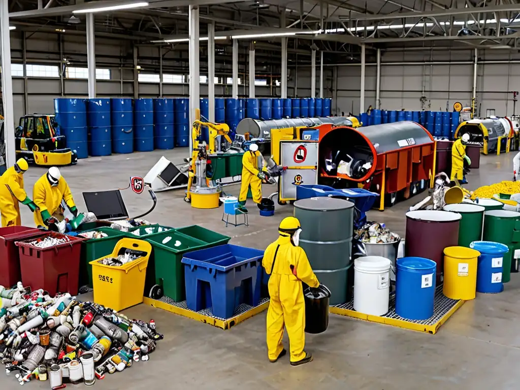 Trabajadores en equipo manejan residuos peligrosos en instalación con certificaciones ambientales residuos peligrosos