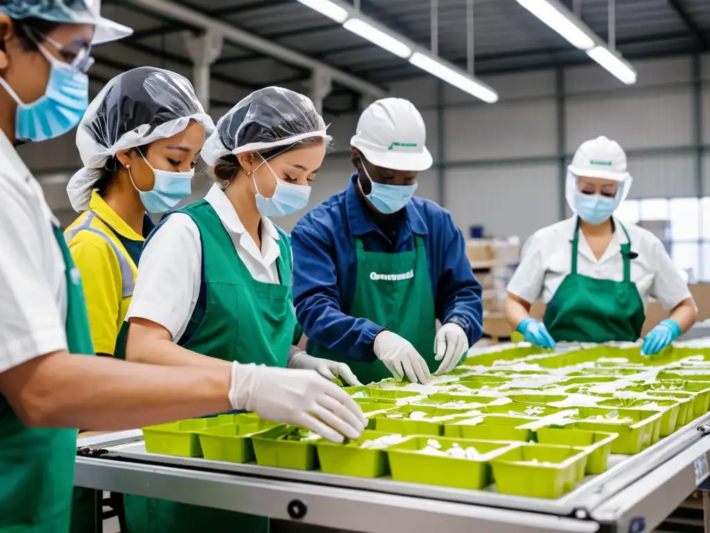 Trabajadores en fábrica ecofriendly inspeccionando materiales de embalaje biodegradables