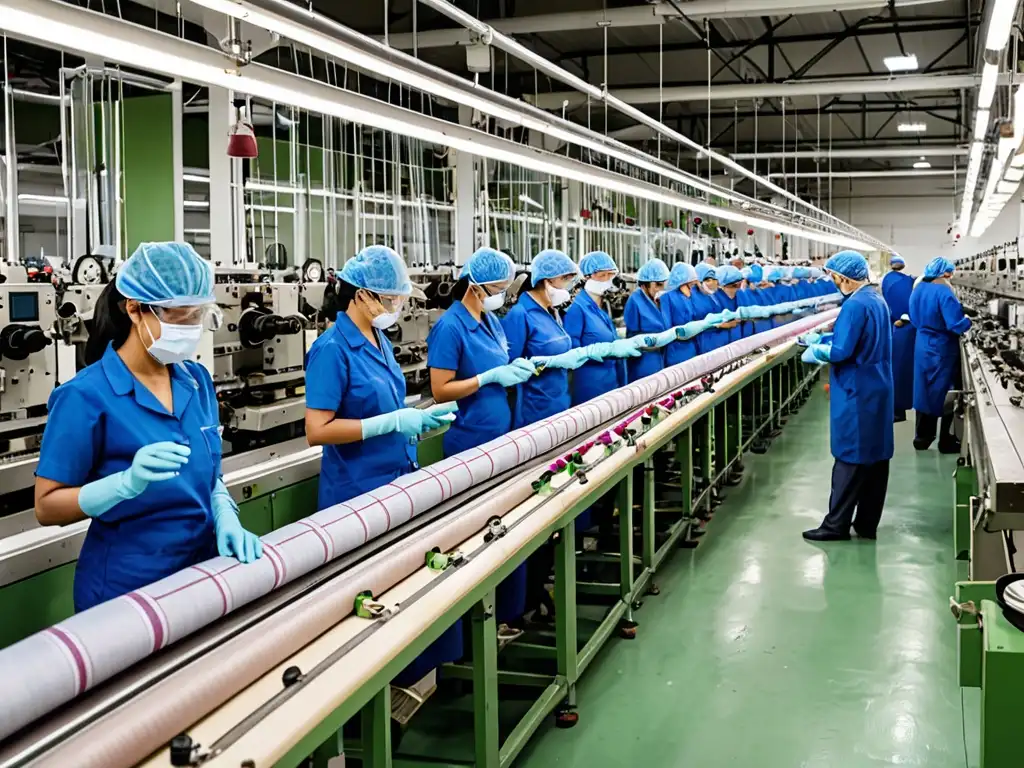 Trabajadores en una fábrica textil gestionando procesos industriales, destacando desafíos del cumplimiento ambiental en la industria textil