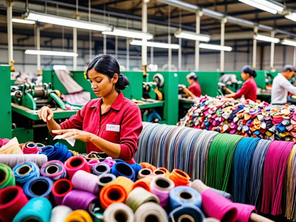 Trabajadores en fábrica textil reciclando telas, destacando retos legales en economía circular