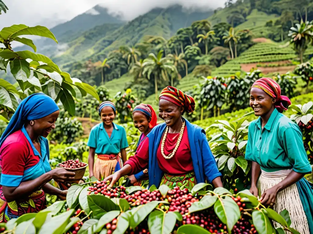 Trabajadores felices recolectando café en plantación de comercio justo, bajo árboles frondosos y montañas neblinosas