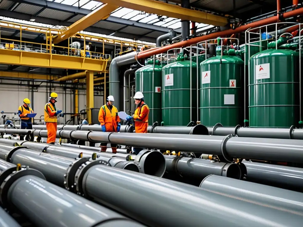 Trabajadores en instalación industrial moderna, cumplimiento normativa gestión sustancias peligrosas