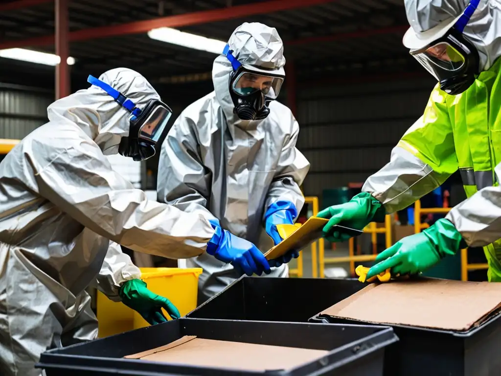 Trabajadores industriales manejan residuos peligrosos con cuidado, destacando la importancia del cumplimiento de la legislación