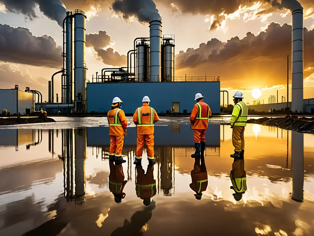 Trabajadores inspeccionan fábrica inundada al atardecer, destacando la importancia de regulaciones ambientales en zonas de desastres naturales