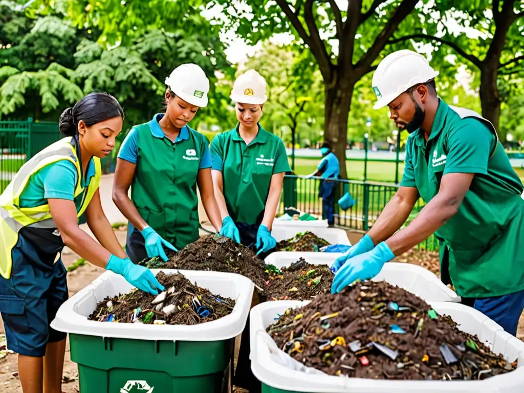 Trabajadores de mantenimiento en parque urbano reciclando residuos, destacando la normativa gestión sostenible suelo parques urbanos