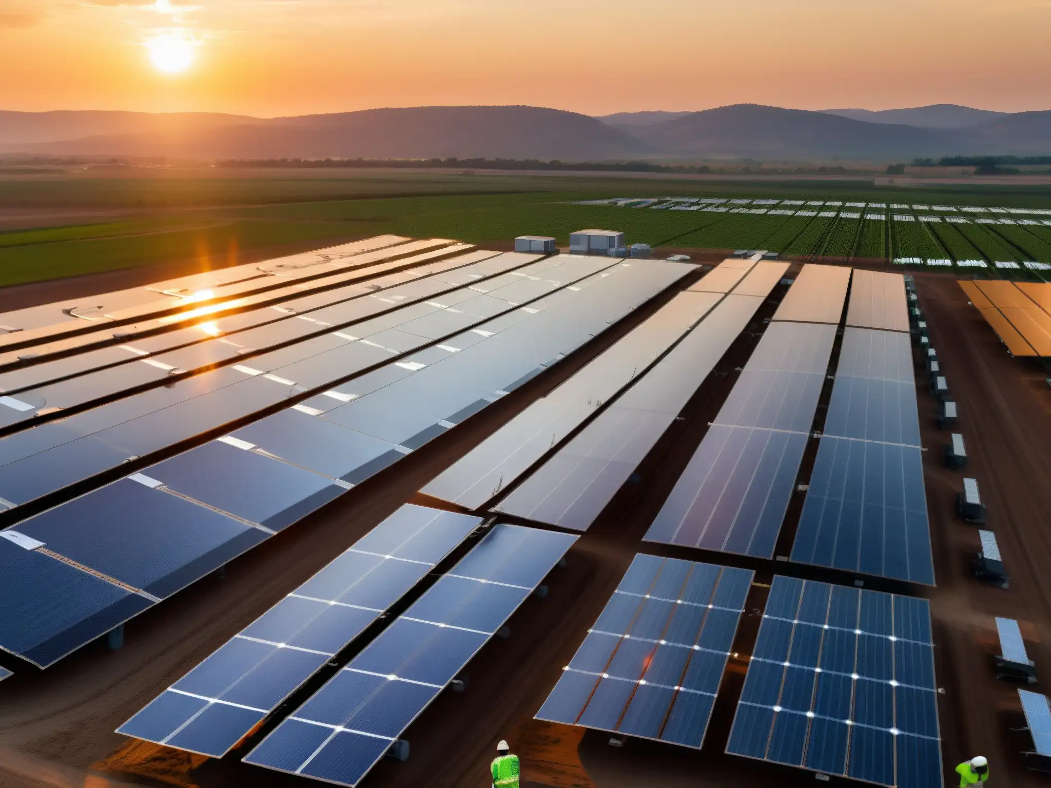 Trabajadores realizan mantenimiento en planta solar al atardecer, destacando la transformación de industrias energéticas por leyes cambio climático