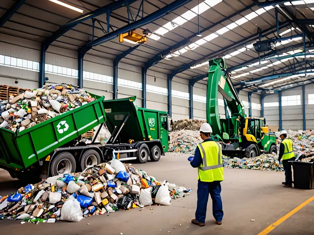 Trabajadores clasifican materiales reciclables en una bulliciosa planta de reciclaje, con camiones descargando más elementos