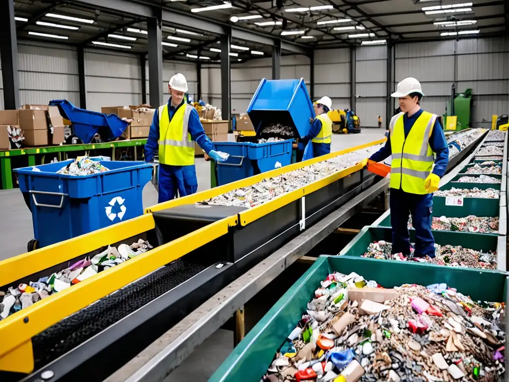 Trabajadores clasificando materiales reciclables en moderna planta de reciclaje