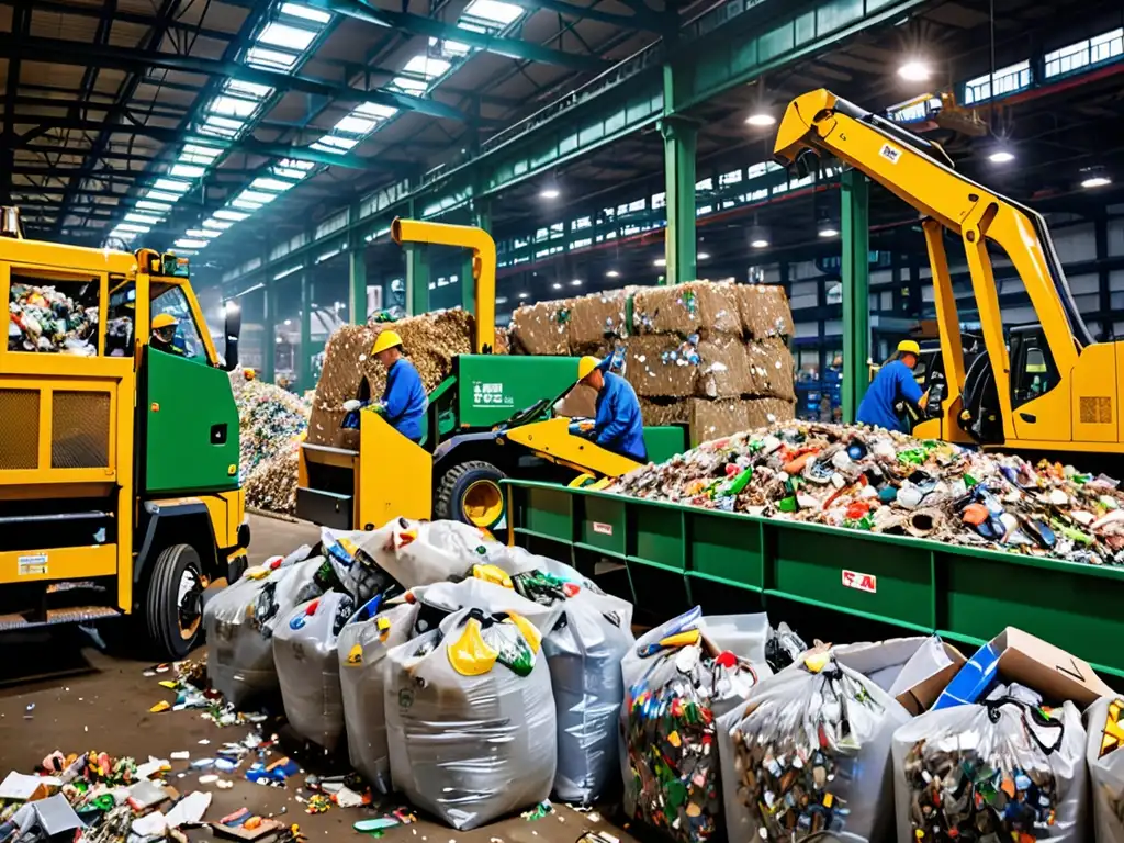 Trabajadores ordenan materiales reciclables en planta de reciclaje
