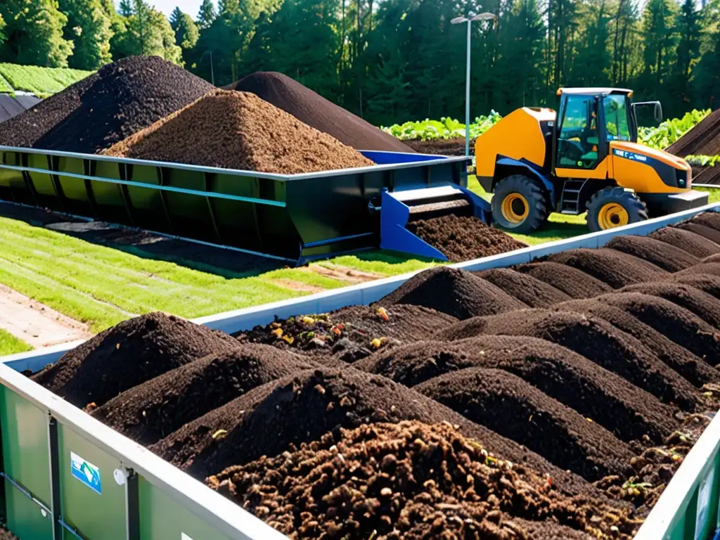 Trabajadores en una moderna planta de compostaje industrial, con pilas de compost humeante y maquinaria grande, rodeados de vegetación