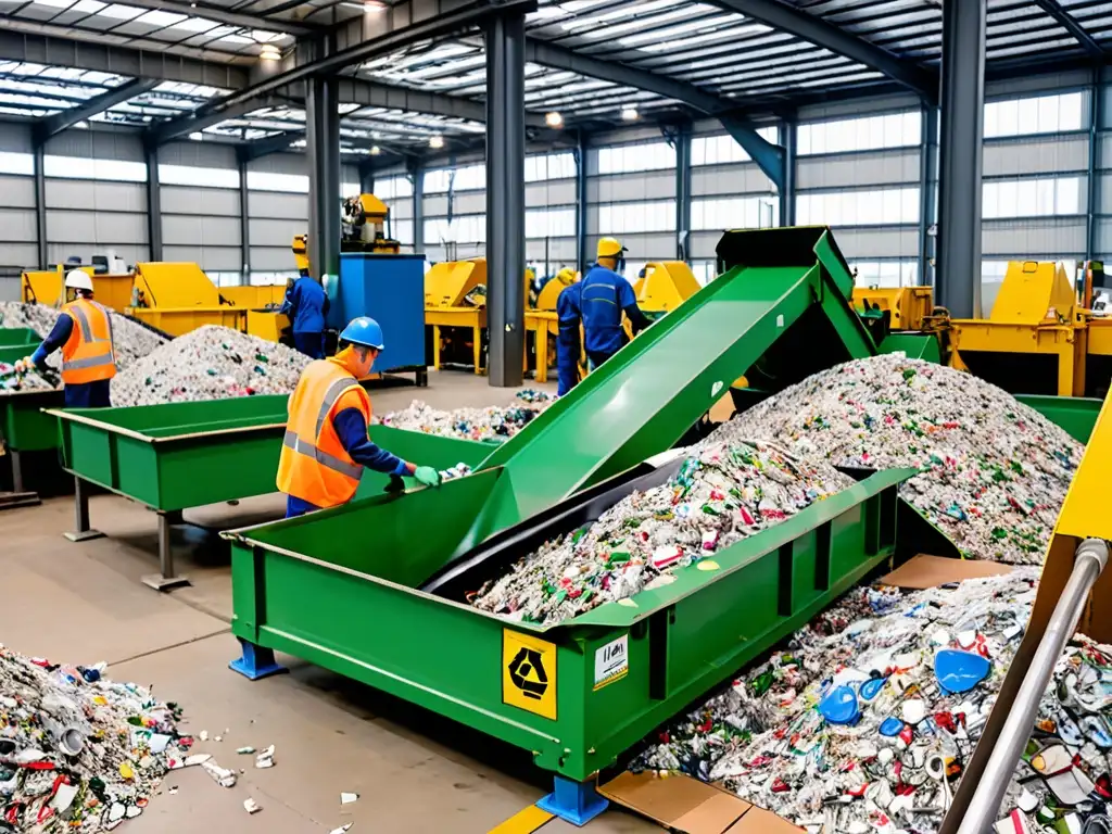 Planta de reciclaje moderna: eficiencia y sostenibilidad Trabajadores en moderna planta de reciclaje, separando residuos corporativos