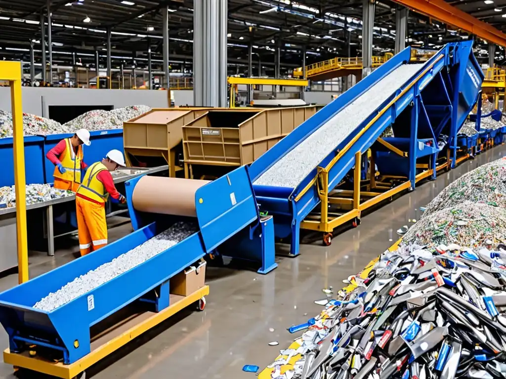 Trabajadores en moderna planta de reciclaje, clasificando materiales para incentivos económicos para reciclaje