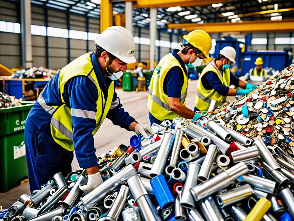 Trabajadores en moderna planta de reciclaje en España separando materiales