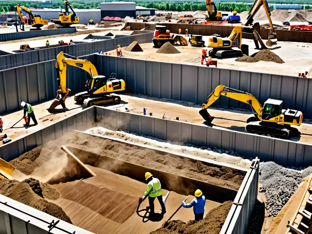 Trabajadores en obra con maquinaria pesada, desafíos cumplimiento ambiental industria construcción