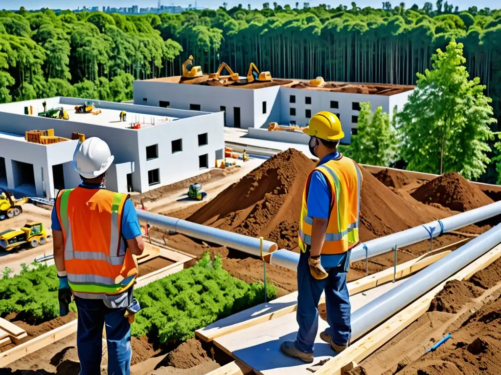 Trabajadores en obra siguen reglas ambientales con materiales eco, rodeados de naturaleza