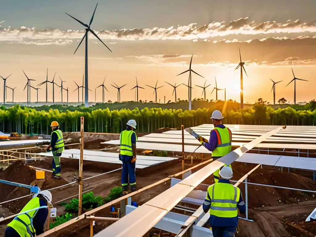 Trabajadores en obra rodeados de naturaleza, usando materiales ecológicos al atardecer, con molinos de viento generando energía limpia