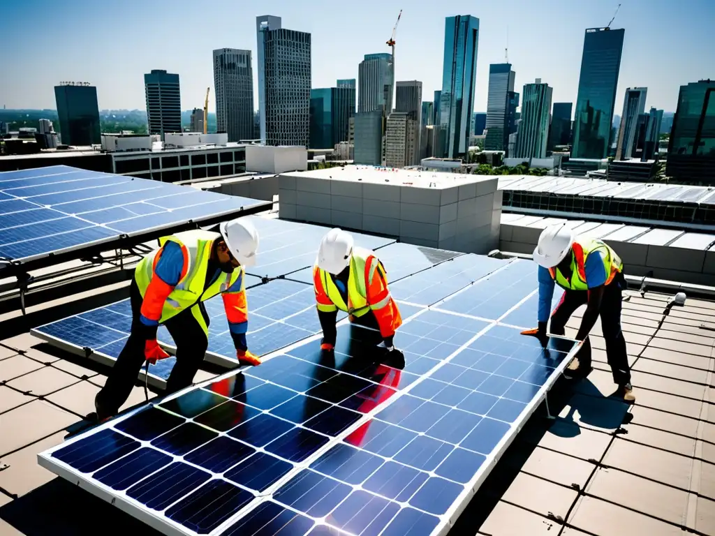 Trabajadores inspeccionan paneles solares en la azotea de un edificio corporativo, reflejando responsabilidad corporativa en transición energética