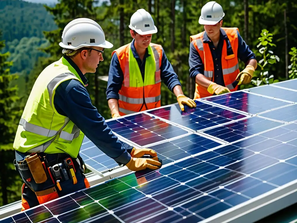 Trabajadores instalan paneles solares en una obra, con un bosque verde y cielo azul de fondo