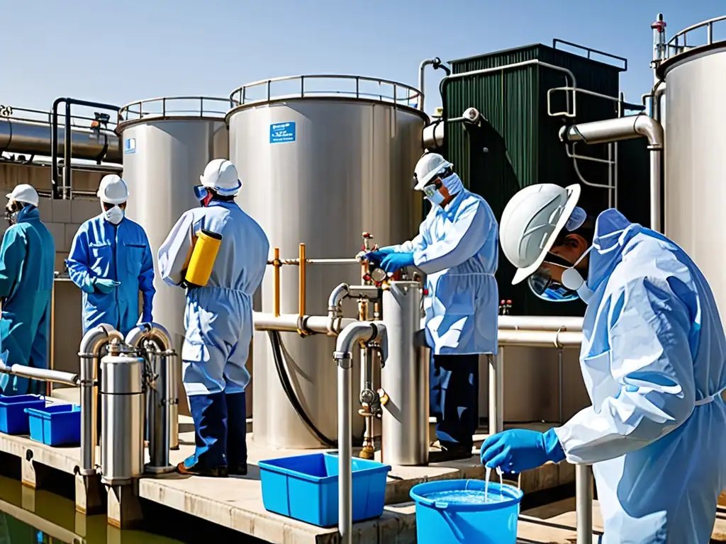 Trabajadores en planta de agua potable ajustando procesos con tecnología avanzada