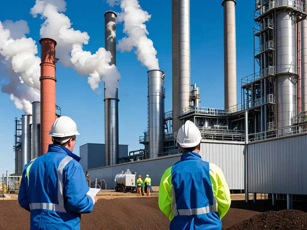 Trabajadores operan una planta de energía de biomasa, con vapor saliendo de las chimeneas altas, bajo un cielo azul claro