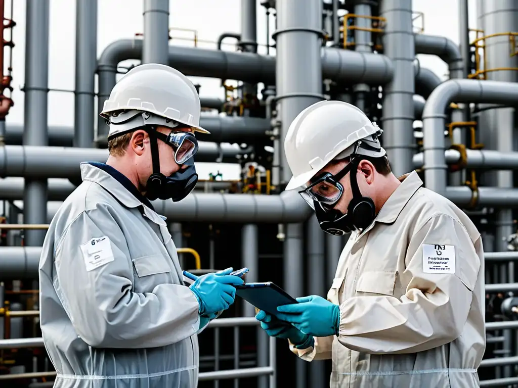 Trabajadores inspeccionando planta química, destacando el impacto del Reglamento REACH en la industria química europea