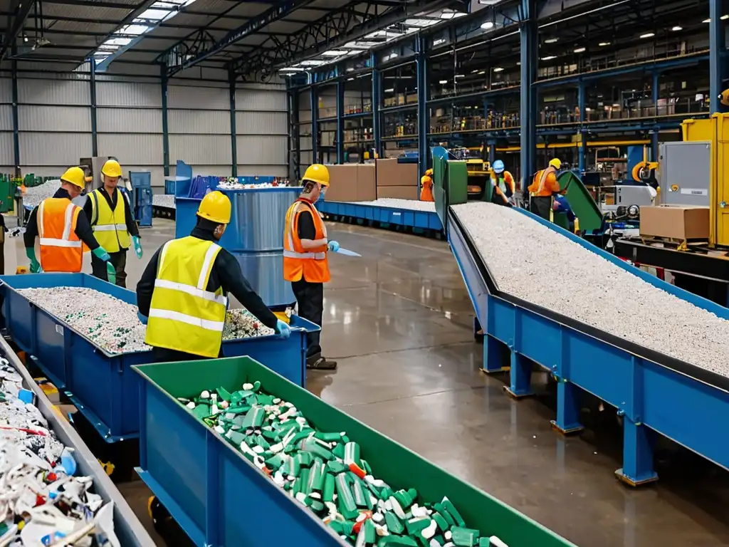 Trabajadores en planta industrial moderna, clasificando materiales para el reciclaje