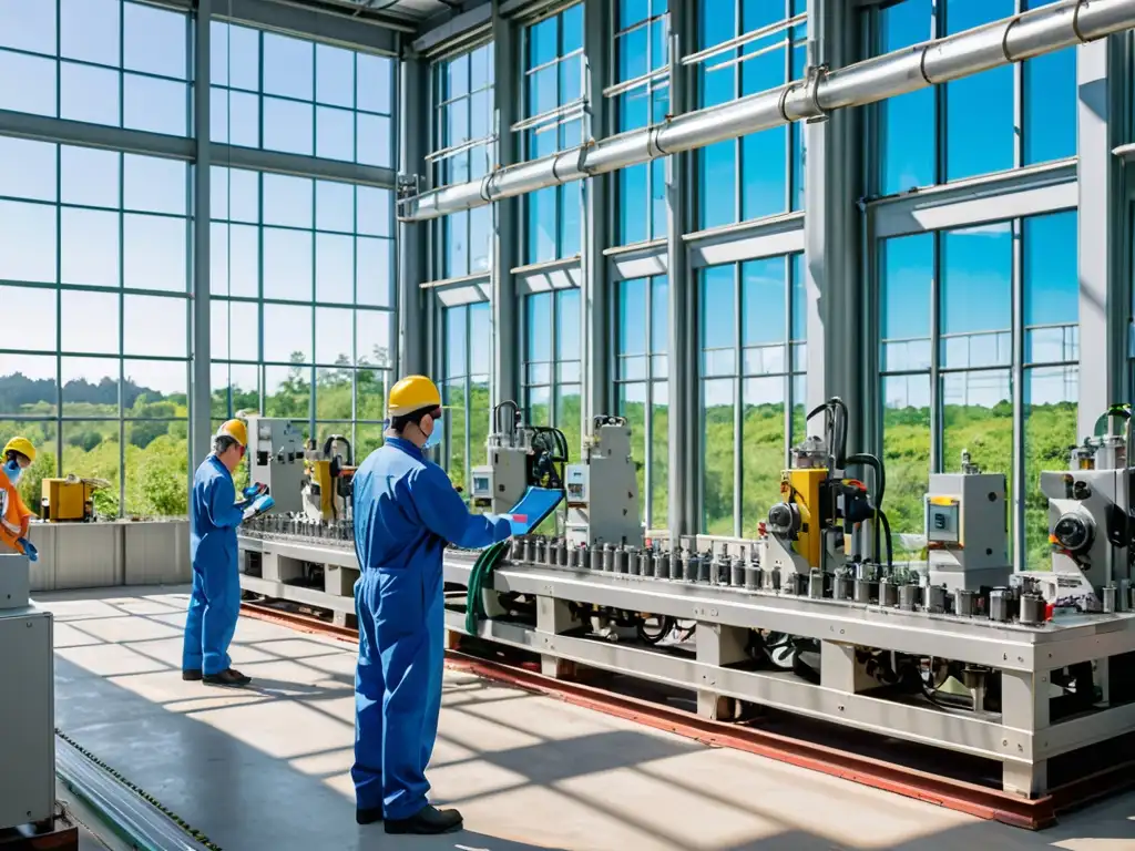 Trabajadores en planta industrial moderna monitorean maquinaria, con enfoque en precisión y responsabilidad ambiental